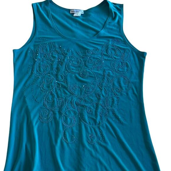 Bleeker & McDougal Tops - Womens Tank Top Size Medium Blue Embellished Sequins Artsy High Low Long Office